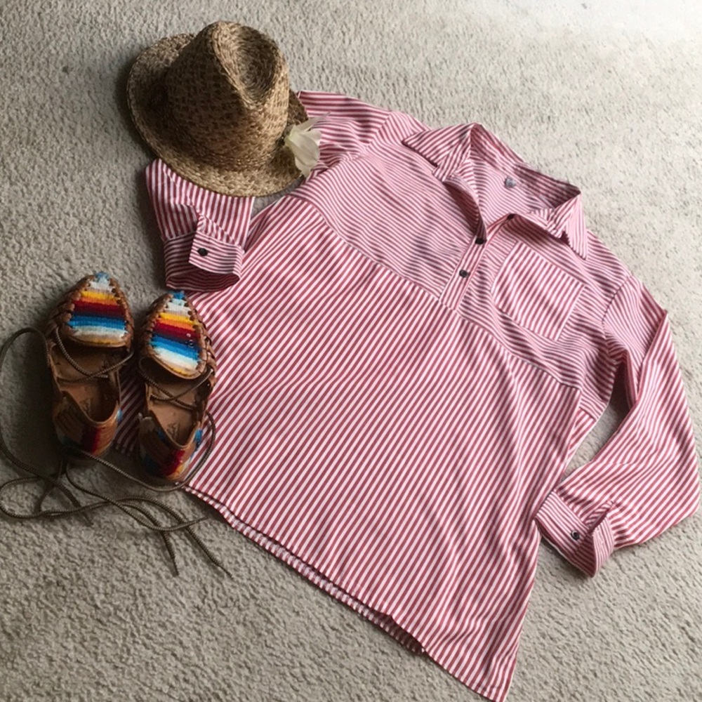 MISSLOOK/ RED & WHITE STRIPE HALF BUTTON SHIRT TUNIC/NEW